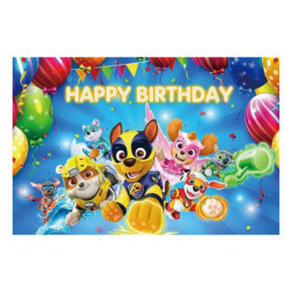 Decoration anniversaire Pat Patrouille toile de fond les chiots en combinaison