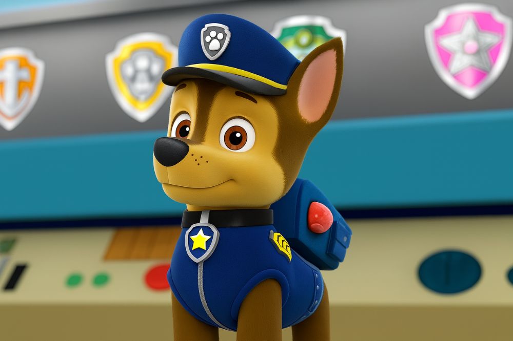 Chase, le chien policier de la Pat’ Patrouille, portant son uniforme bleu et sa casquette.