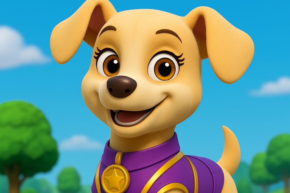 Chiot animé beige souriant, portant une tenue violette avec un médaillon doré en forme d’étoile, dans un décor ensoleillé et verdoyant.