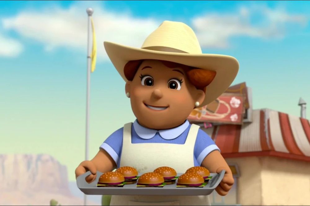 Femme animée souriante portant un chapeau de cow-boy et un tablier, tenant un plateau de hamburgers dans un décor ensoleillé.